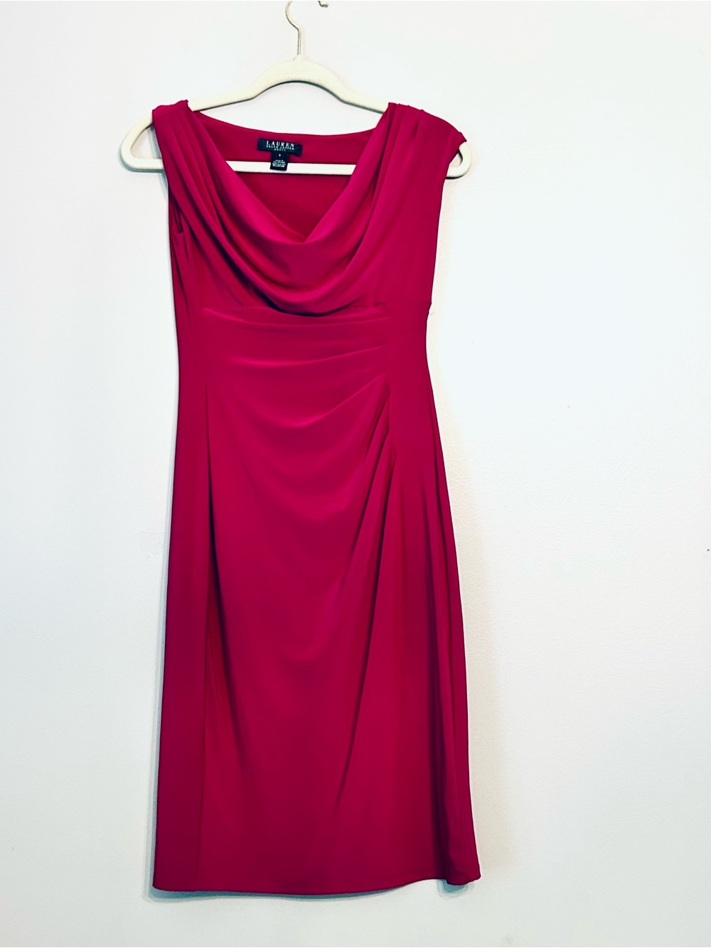 Lauren Ralph Lauren Fuchsia Cowl Neck Bodycon Dress Size 2 Ruched Cocktail Midi